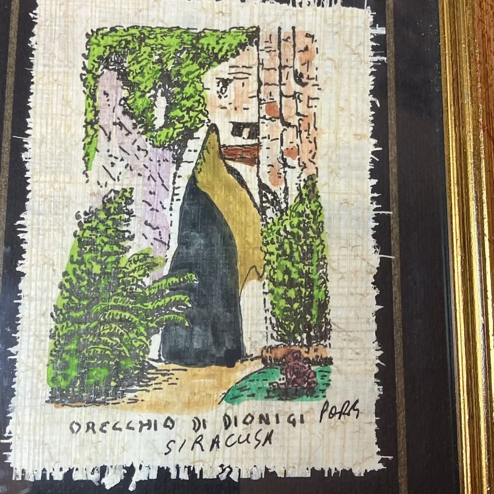 Vintage Ear Of Dionysius Art On Papyrus Siracusa Italy Souvenir Red Gold Frame
